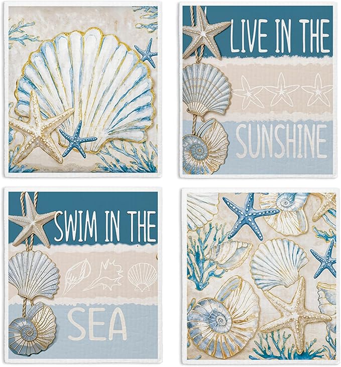 Swedish Dishcloths for Kitchen, Summer Coastal Seashell Kitchen Dish Towels for Washing Dishes, 4 Pack Reusable Paper Towels Washable, Sponge Cloths for Home Cleaning Baking Cooking Decor