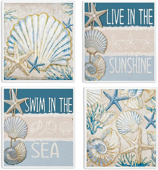 Swedish Dishcloths for Kitchen, Summer Coastal Seashell Kitchen Dish Towels for Washing Dishes, 4 Pack Reusable Paper Towels Washable, Sponge Cloths for Home Cleaning Baking Cooking Decor