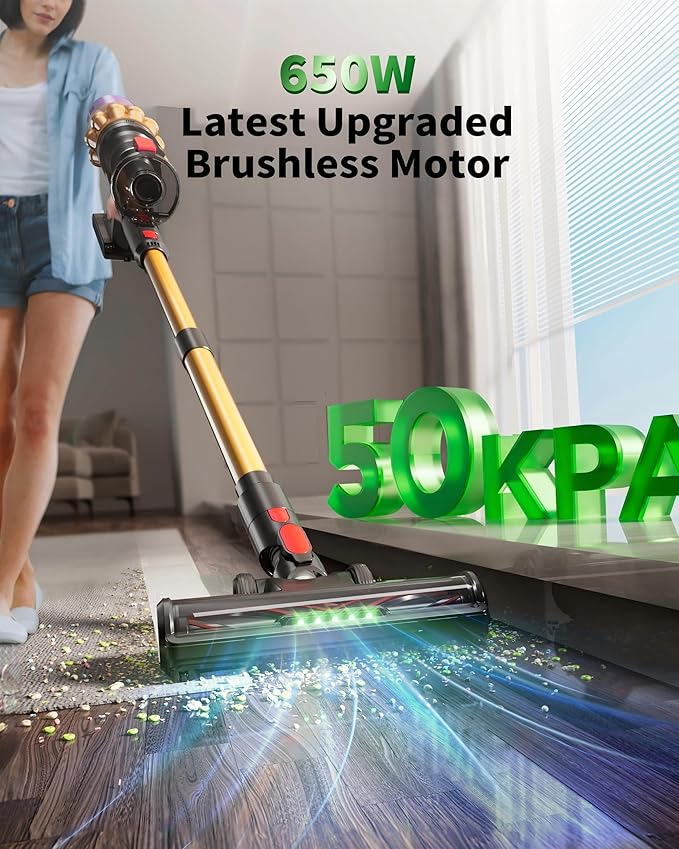 Cordless Vacuum Cleaner, 650W 50KPa 70‑Min Powerful Stick Vacuum, Self-Standing Lightweight Cordless Vacuum for Home, Pet Hair, Hardwood Floors, Carpet & Car, LED Touch Display