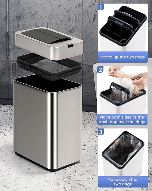 ELPHECO Bathroom Trash Can with Lid 2.6 Gallon Smart Trash Can Slim Motion Sensor Garbage Can Automatic Stainless Steel Wastebasket Bathroom Decor for Bedroom Office Toilet Silver