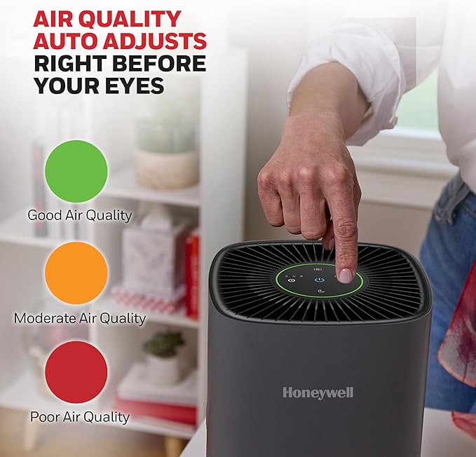 Honeywell AllergenPlus HEPA Air Purifier for Home, 530 Ft² Rooms in 1 hour, 3-in-1 Filter, Compact Design, Auto Mode, Reduces Allergens, Dust, Pollen, Smoke, Pet Dander, Odors, Grey, HPA125V