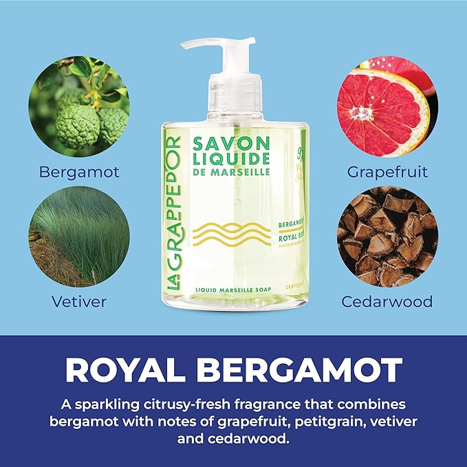 La Grappe d'Or Royal Bergamot Marseille Hand Soap with Essential Oils | Handmade in France from Moisturizing Organic Olive & Coconut Oil | Natural, Cruelty-Free & Vegan, 16.90 oz Liquid