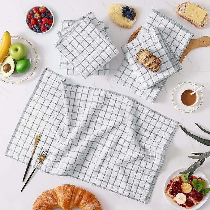 Homaxy Premium Kitchen Towels(16”x 28”, 6 Pack), Large Ring Spun Cotton Dish Towels, Super Absorbent Soft Terry Kitchen Hand Towels, Check Design Tea Towel Set with Hanging Loop, Navy Blue/Grey/Tan