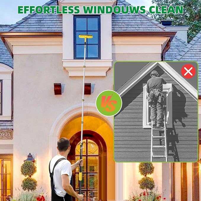 225'' Long Reach Window Squeegee with Telescoping Extension Pole, 2-in-1 Indoor/Outdoor Cleaning Tool with 270° Rotatable Head, Lightweight Alloy Aluminum Pole for Shower Door, Mirror, Car Windshield