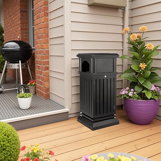 Black Stainless Steel Commercial Trash Can with Locking Lid, Heavy Duty Outdoor/Indoor Waste Container, Perforated Steel Panels, Removable Inner Bucket for Patio, Park, Garden-35.5x15.8x15.8in