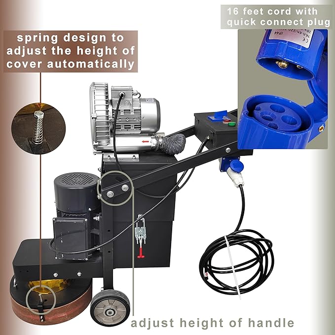 TECHTONGDA Electric Floor Grinder for Concrete Epoxy Ground with Vacuum Dust Collector Sander Polisher for Removing Floor Coating with 4 Heads External Fan 380 Type 220V