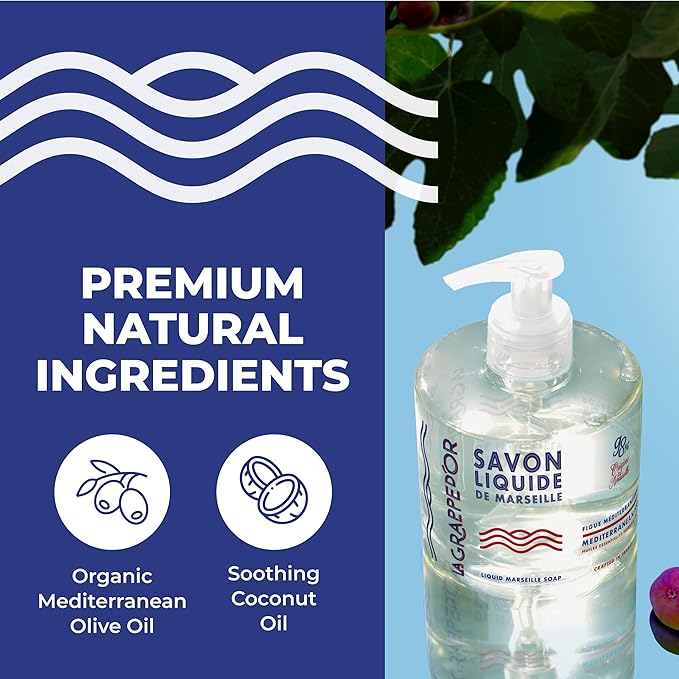 La Grappe d'Or Mediterranean Fig Marseille Hand Soap with Essential Oils | Handmade in France from Moisturizing Organic Olive & Coconut Oil | Natural, Cruelty-Free & Vegan, 11.10 oz Liquid