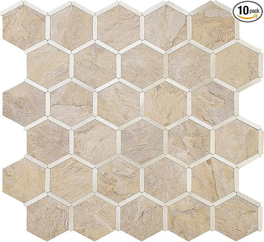 DICOFUN Hexagon Peel and Stick Backsplash Tile, Sandstone Look with Light Gold Kitchen Backsplash Peel and Stick Wall Tiles, 10