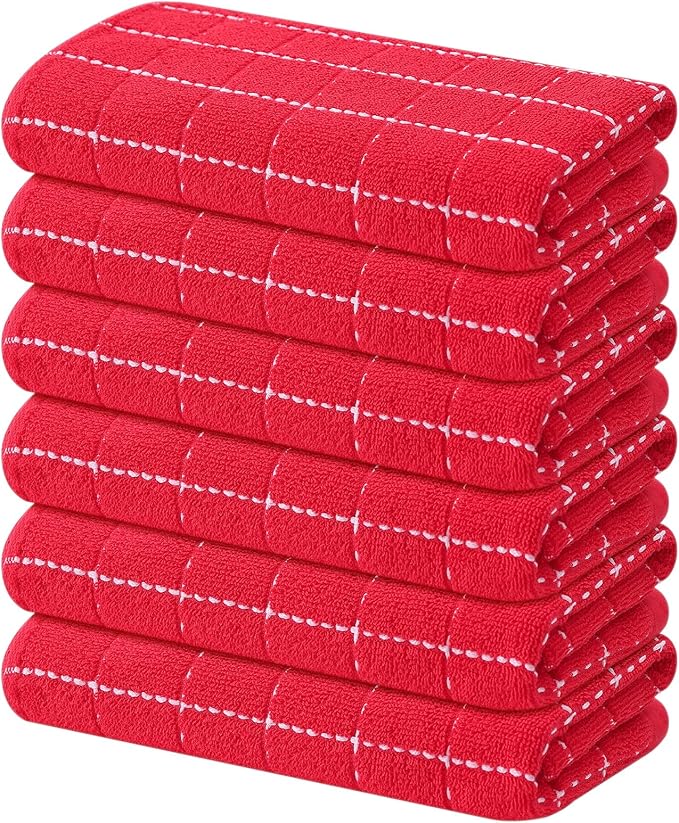 Mordimy 100% Cotton Terry Cloth Kitchen Towels, Super Soft and Absorbent Dish Towels for Drying, Checkered Designed Hand Towels for Kitchen, 16 x 26 Inches, 6 Pack, Red