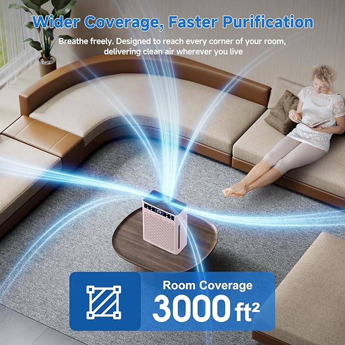 Air Purifiers for Home, Large Room up to 3000 Ft², HEPA Air Purifier for Home Pets with Filter, Air Quality Sensor, Timer, Air Cleaner for Bedroom, Dorm Room, Pet Hair, Office - Pink