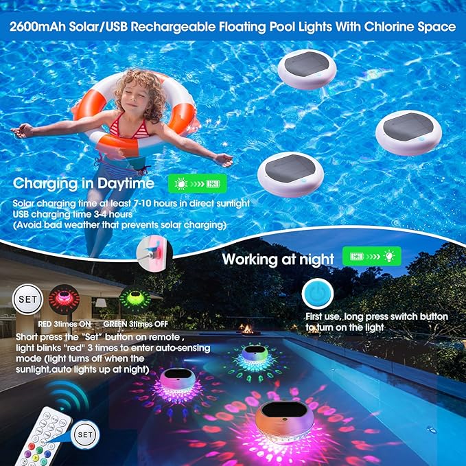 Solar Pool Chlorine Floater with 13 Colors Light, Floating Pool Lights with USB Charging, 6.7 Inch 2600mAh IP68 Waterproof Upper and Lower Glow Adjustable Release Chlorine Dispenser for Pool 2 Pack