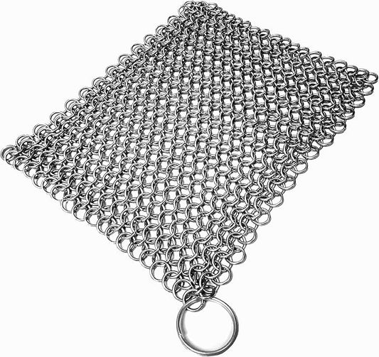 Mythrojan Cast Iron Scrubber 316 Stainless Steel Skillet Cleaner Chainmail Scrubber Chain Mail Scrub with Hanging Ring for Cast Iron Pre-Seasoned Pans (15 X 15cm)