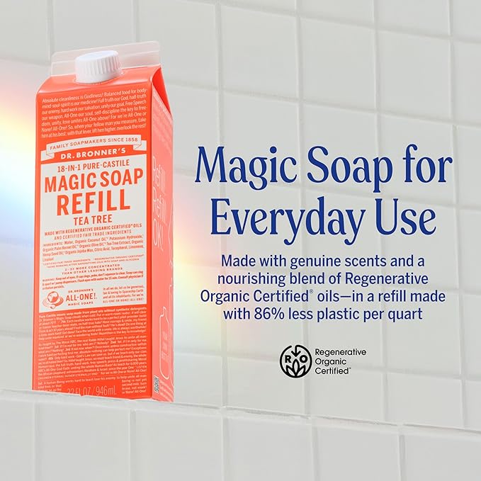 Dr. Bronner's Magic Soap-Pure-Castile Liquid Soap Refill (Tea Tree, 32 ounce, 1-Pack)-Regenerative Organic Certified Oils, For Body, Hair, Laundry, Pets & Dishes, Concentrated, Vegan, Non-GMO
