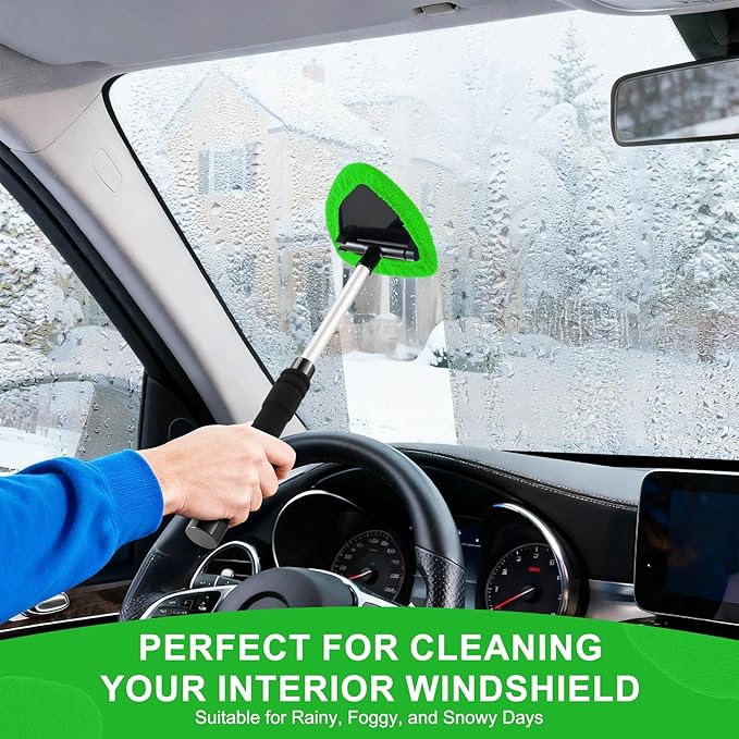 JUSTTOP Windshield Cleaner Tool, Car Interior&Exterior Window Cleaning Tool with Extendable Handle & 4 Reusable Microfiber Pads, Auto Glass Wiper Brush Kit for Cars (Green)