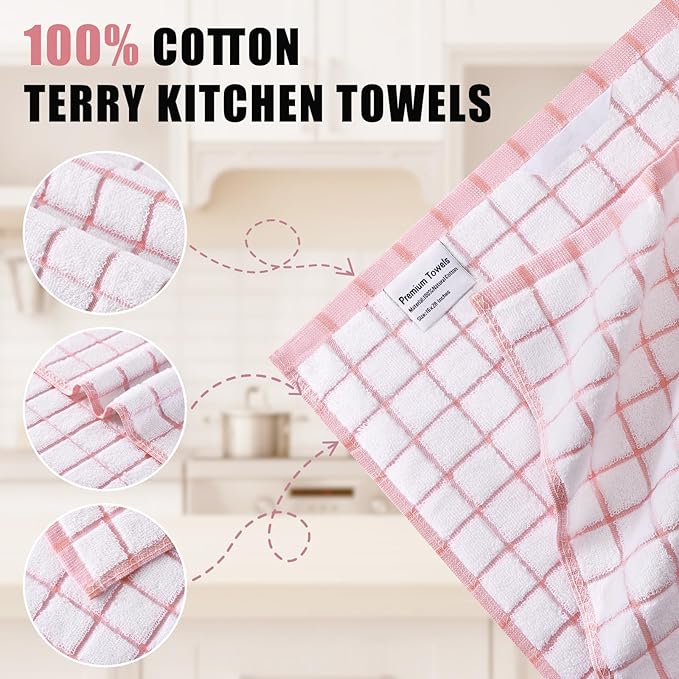 Homaxy Premium Kitchen Towels(16”x 28”, 6 Pack), Large Ring Spun Cotton Dish Towels, Super Absorbent Soft Terry Kitchen Hand Towels, Check Design Tea Towel Set with Hanging Loop, Pink