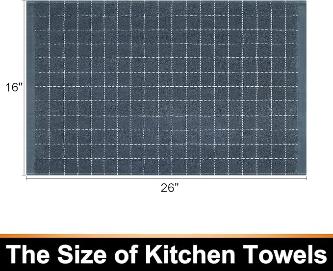 Mordimy 100% Cotton Terry Cloth Kitchen Towels, Super Soft and Absorbent Dish Towels for Drying, Checkered Designed Hand Towels for Kitchen, 16 x 26 Inches, 8 Pack, Grey
