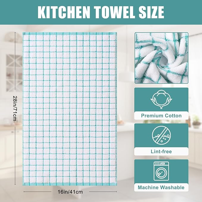 Homaxy Premium Kitchen Towels(16”x 28”, 6 Pack), Large Ring Spun Cotton Dish Towels, Super Absorbent Soft Terry Kitchen Hand Towels, Check Design Tea Towel Set with Hanging Loop, Aqua