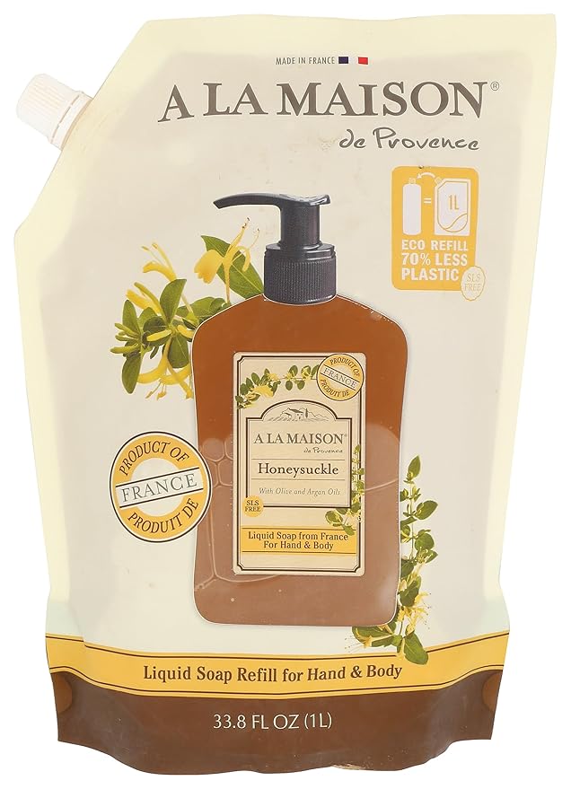 A LA MAISON Honeysuckle Natural Hand Wash Made with Essential Oils - Biodegradable, Plant-Based, Vegan, Cruelty-Free (33.8 Fl Oz Refill Pouch)