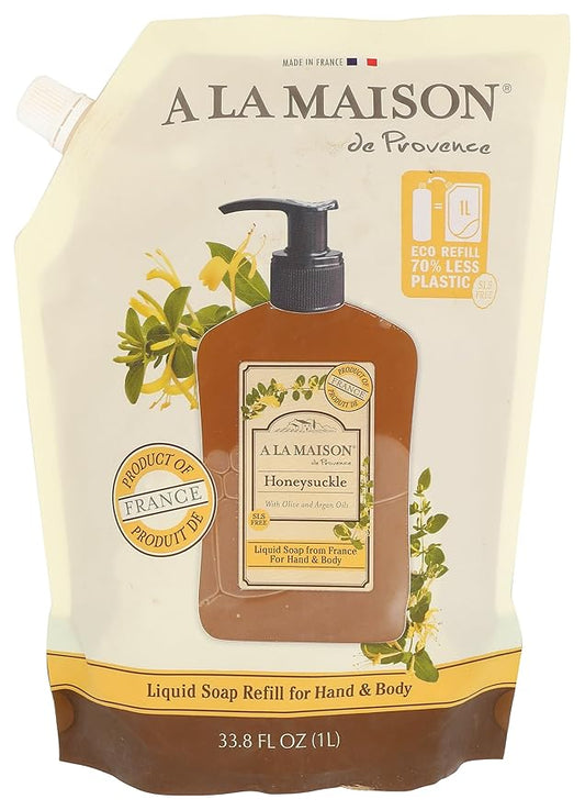 A LA MAISON Honeysuckle Natural Hand Wash Made with Essential Oils - Biodegradable, Plant-Based, Vegan, Cruelty-Free (33.8 Fl Oz Refill Pouch)