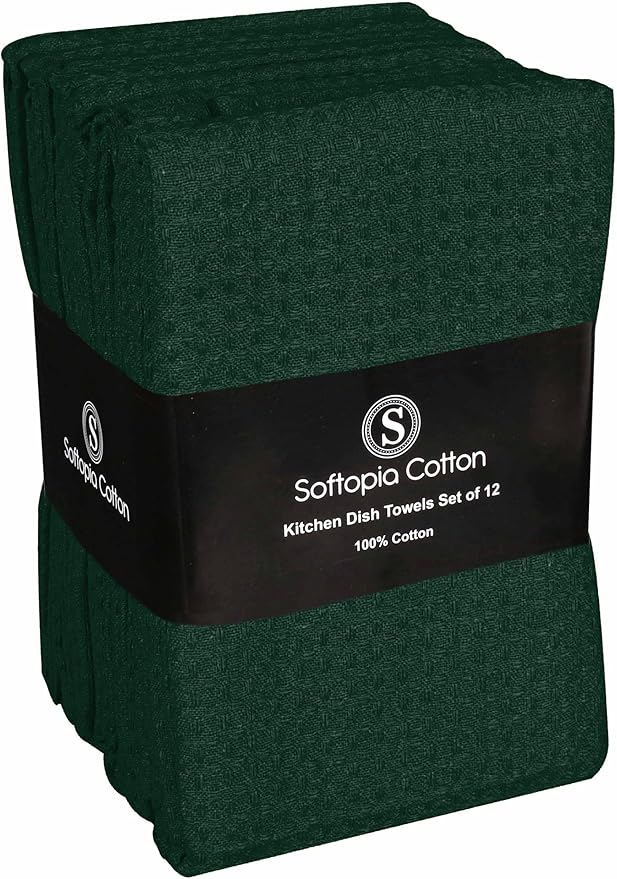 Forest Green Kitchen Dish Towels Set of 12-100% Cotton Waffle Weave, Super Absorbent, Soft, Quick Drying, 16x26 Inches, Ideal for Cleaning, Bar, Tea, and Everyday Use, Olive Green