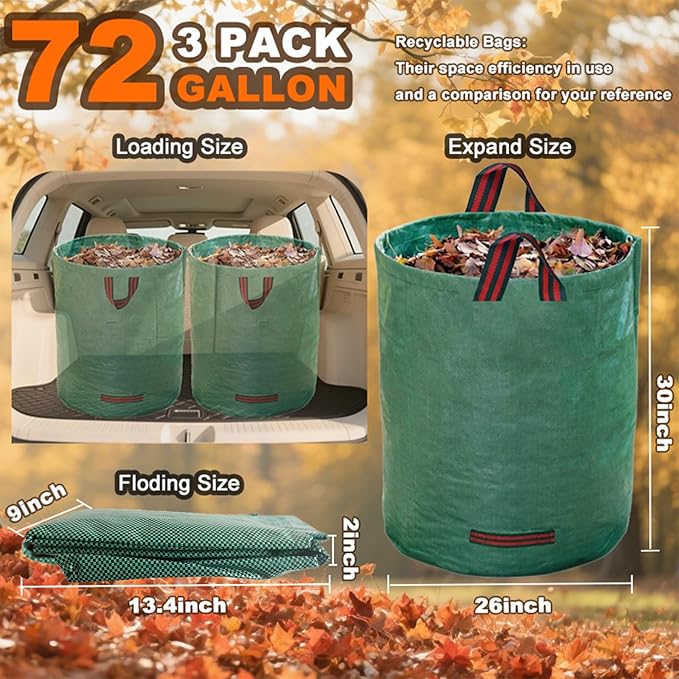 Reusable Yard Waste Bags, 3 Pack 72 Gallon Lawn and Leaf Garden Bags, Heavy Duty Garden Bags with Reinforced Carry Handles, Camping Yard Recycling Bag For Leaves, Lawn Debris & Grass Clippings