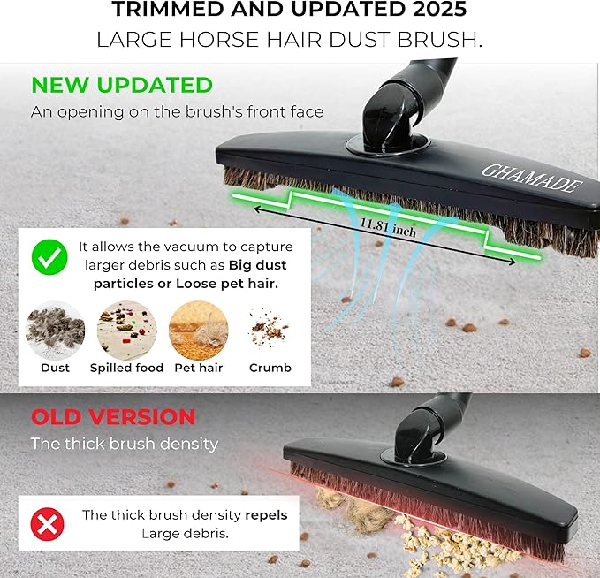 Replacement Vacuum Brush Head With 32MM Connection & 1-3/8-Inch to 1-1/4-Inch Adapter | Works on Low Carpet & All Floors | Horse Hair Hardwood Vacuum Attachment