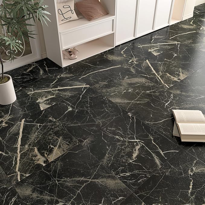 Matte Black Marble Peel and Stick Floor Tile Waterproof Vinyl Sheet Flooring for Bathroom Marble Black Flooring Tile 5PCS Self Adhesive Laminate Stick on Floor Tiles Sticky Panels for Kitchen 12x12 IN