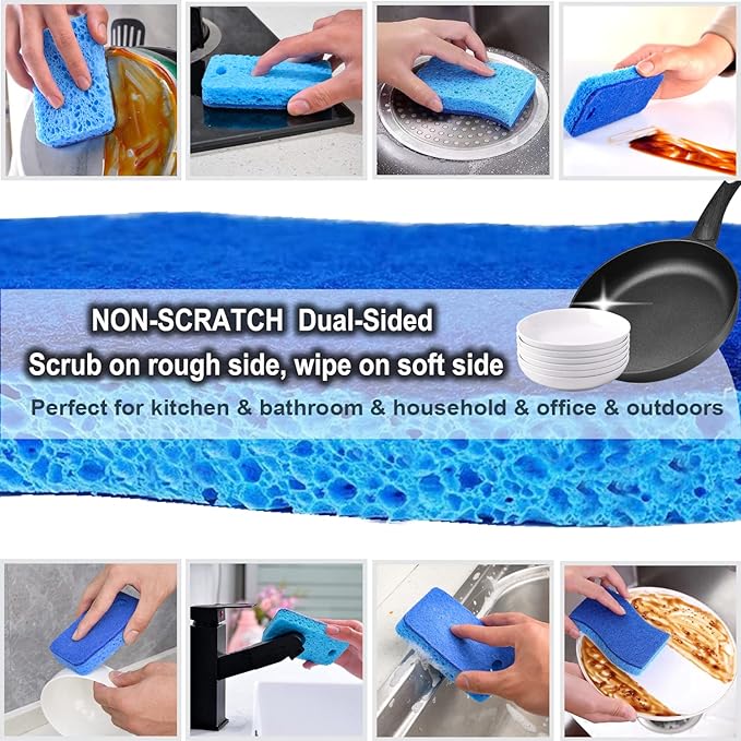 METUUTER 12-Count Scrub Sponges Kitchen Sponge Heavy Duty, Cellulose Sponges with Scouring Pads Dual-Sided for Kitchen and Household Use (Square-Multi)