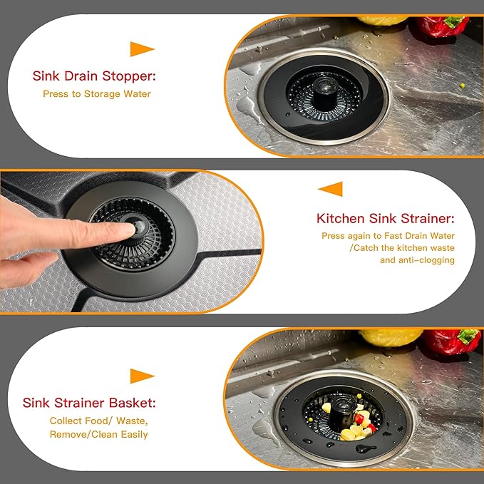 Kitchen Sink Drain Strainer 3 in 1, 304 Stainless Steel Pop Up Sink Stopper, Anti-Clogging Drain Stopper, Strainers for Kitchen, Drain Cover and Kitchen Accessories for US Standard Sink (Black)