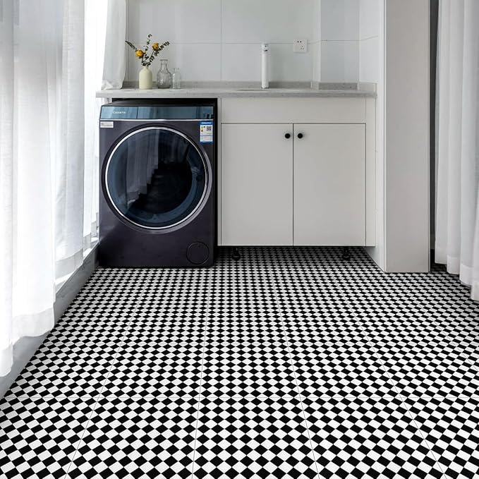 Elffloor Peel and Stick Floor Tile: 10pc 11.8 * 11.8in Self-Adhesive Waterproof Vinyl Flooring Black and White Tiles Sticker for Bathroom, Kitchen, Bedroom, Living Room ﻿