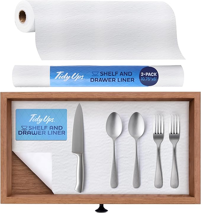 Self Adhesive Shelf Liner (2-Pack, 10.75in x 6ft) — Absorbent Felt Cabinet Liner for Shelves & Kitchen Drawers, Soft Glide Surface with Adjustable, Residue-Free Adhesive (Solid White)