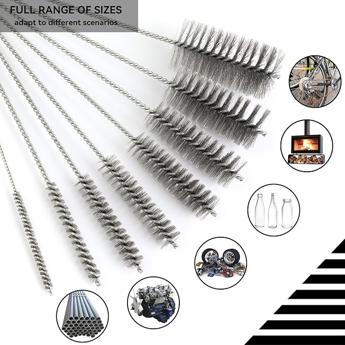 12 Inch Pipe Cleaning Brush Set with Stainless Steel Bristles, Steel Wire Tube Brush Kit for Auto Parts Polishing, Machining, Bottles, Tubes, Etc.（6mm-20pcs）