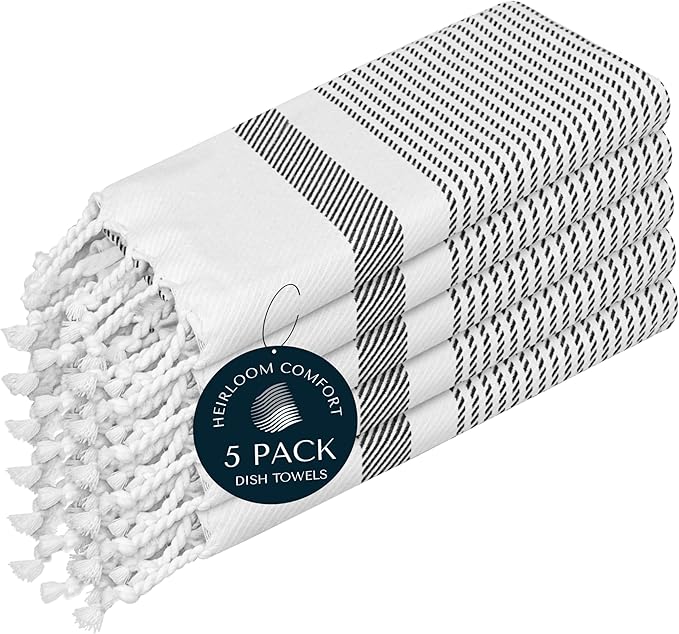 Black Turkish Kitchen Towels 16x26 Inch, 5 Pack, 100% Cotton, Ultra Absorbent, Soft, Fast Dry, Machine Washable, Dish Towel with Tassels for Drying Dishes, Cleaning, Everyday Use