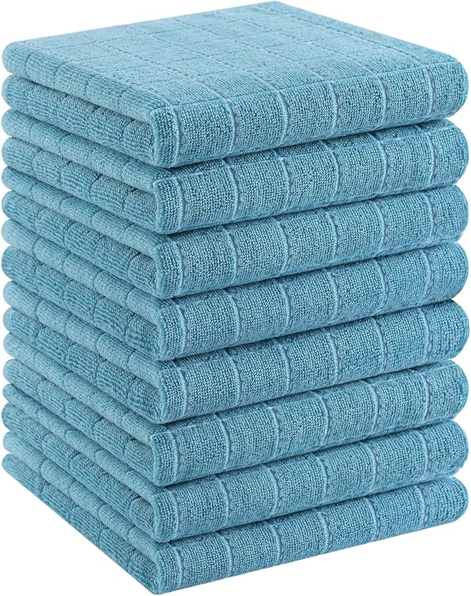 Homaxy 100% Cotton Terry Kitchen Towels(Lake Blue, 13 x 28 inches), Checkered Designed, Soft and Super Absorbent Dish Towels, 8 Pack