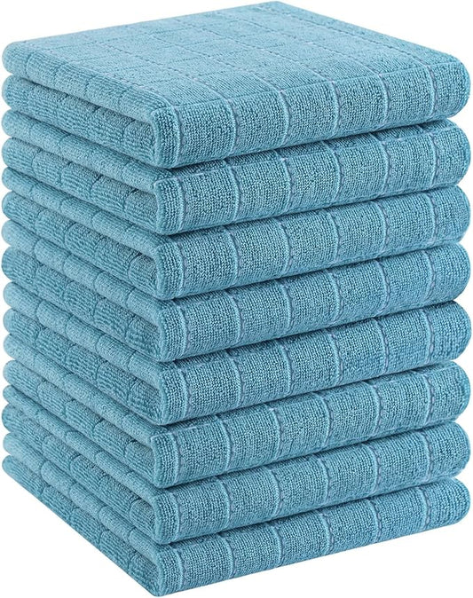 Homaxy 100% Cotton Terry Kitchen Towels(Lake Blue, 13 x 28 inches), Checkered Designed, Soft and Super Absorbent Dish Towels, 8 Pack