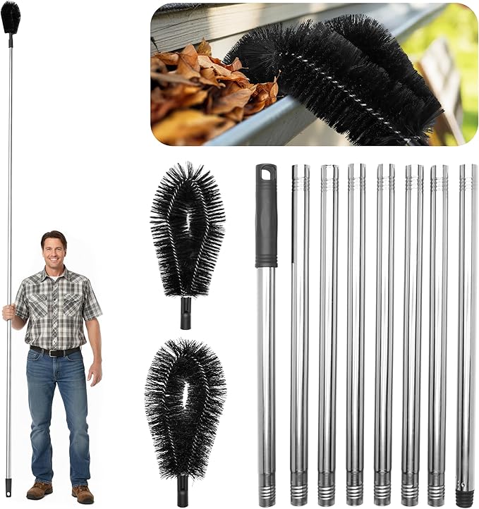 Premium Gutter Cleaning Tools from The Ground - 10.5 ft Long Adjustable gutter Cleaner & Brushs No Ladder Needed Branches And Debris from Gutters Clean Out Tool Makes it Easy To Clean Leaves.