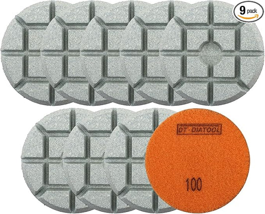 DT-DIATOOL 3 Inch Diamond Polishing Pads, 9pcs #100 Wet Polishing Hook and Loop Pads for Concrete Countertop