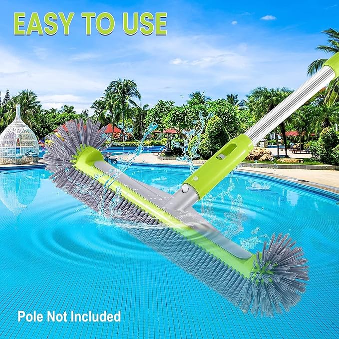 Professional Swimming Pool Brush Head with Round Ends,17.5" Heavy Duty Aluminum Back for Cleaning Pool Walls, 7 Rows Premium Nylon Bristles with EZ Clips (Green Grey)
