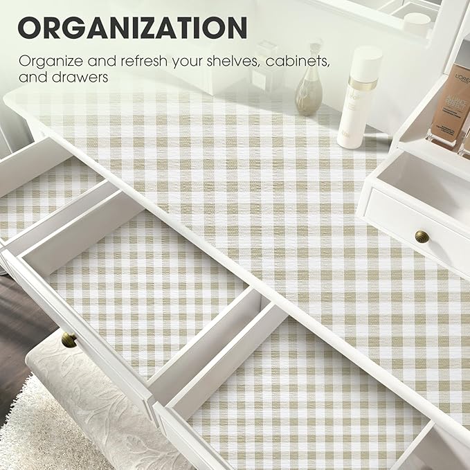 Drawer and Shelf Liner, Non-Slip Kitchen Cabinet Liners Non-Adhesive Thick Strong Grip Waterproof Washable Mats Protect Dresser Shelves Cupboard Bathroom Cabinets, Yellow Plaid, 12 in X 10 FT