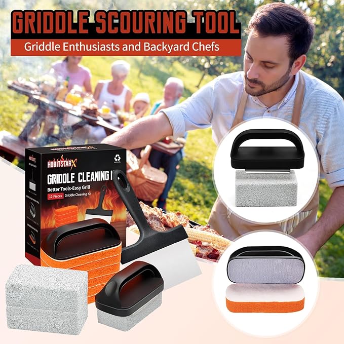 Griddle Cleaning Kit for Blackstone – Grill Stone, Non-Scratch Scouring Pads, Heavy-Duty Scraper & Ergonomic Handles – Flat Top Grill Accessories (12PCS Orange)