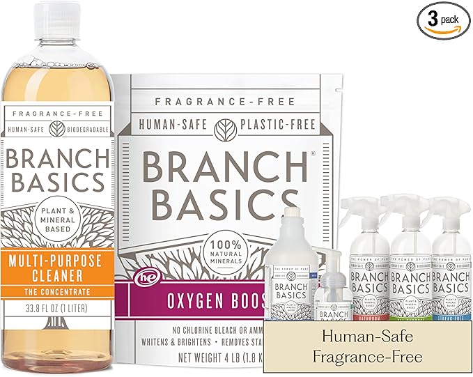 Branch Basics Premium Starter Kit: All Purpose Cleaner, Glass, and Bathroom Cleaner plus our Foaming Wash, and Laundry Bottle (3 Plastic Spray Bottles + Concentrate) Fragrance-Free