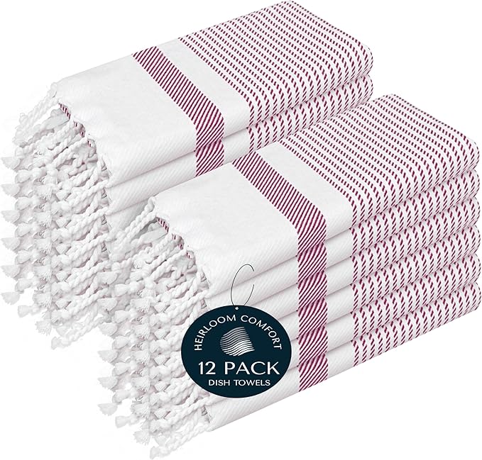 Burgundy Wine Turkish Kitchen Towels 16x26 Inch, 12 Pack, 100% Cotton, Ultra Absorbent, Soft, Fast Dry, Washable, Dish Towel with Tassels for Drying Dishes, Cleaning, Everyday Use
