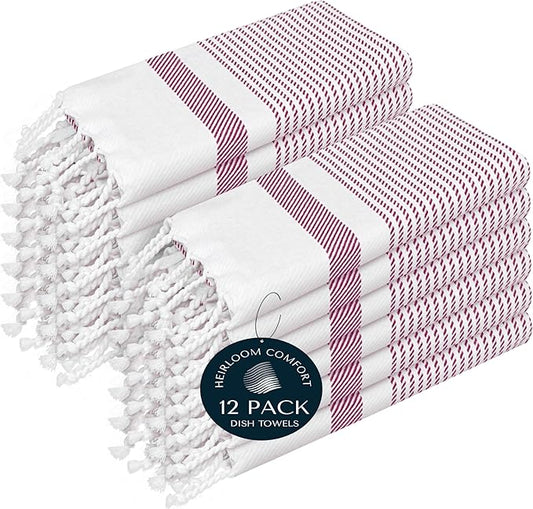 Burgundy Wine Turkish Kitchen Towels 16x26 Inch, 12 Pack, 100% Cotton, Ultra Absorbent, Soft, Fast Dry, Washable, Dish Towel with Tassels for Drying Dishes, Cleaning, Everyday Use