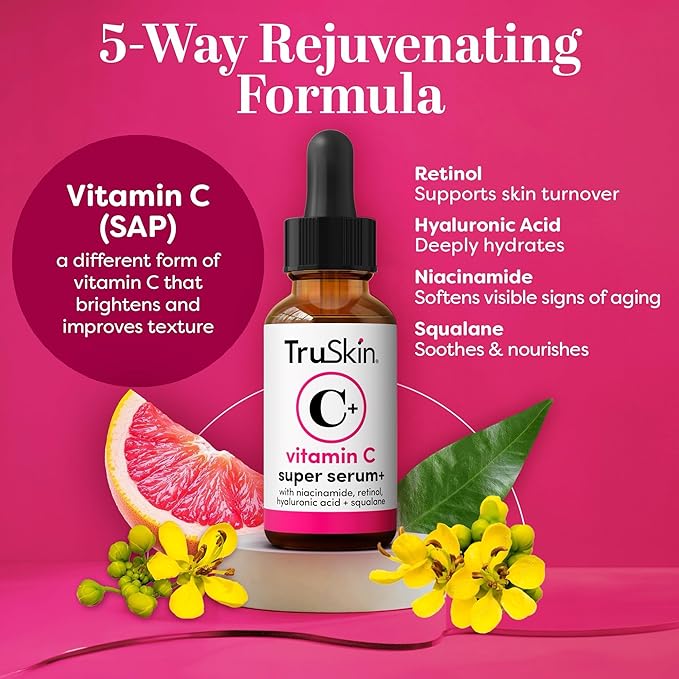 TruSkin Vitamin C Super Serum for Face – All-in-One Anti-Aging Serum with Vitamin C, Retinol, Niacinamide, Hyaluronic Acid & Squalane – Improve Appearance of Dark Spots, Firmness & Texture, 1 Fl Oz