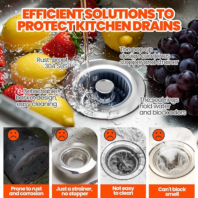 Kitchen Sink Drain Strainer - Upgraded Kitchen Sink Stopper,Sink Stopper Kitchen Drain,Stainless Steel Drain Plug with Anti-Clog Basket Drain Stopper Combo,for Standard 3-1/2'' Drain,Grey