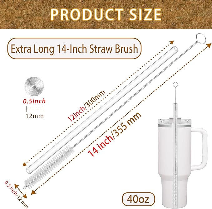 14 Inch Straw Cleaner Brush Extra Long, 4-PCS Straw Brush Extra Long with Nylon Bristles, Extra Wide 12mm diam Straw Cleaning Brush for Reusable Straws, Coffee Machine and Baby Bottles.
