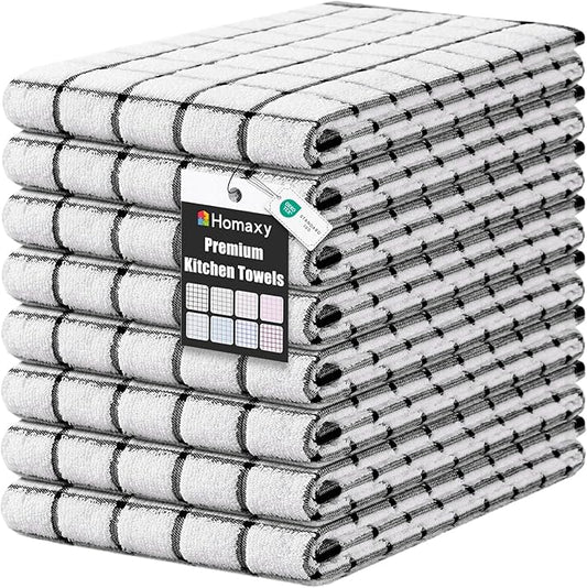Homaxy Premium Kitchen Towels(16”x 28”, 8 Pack), Large Ring Spun Cotton Dish Towels, Super Absorbent Soft Terry Kitchen Hand Towels, Check Design Tea Towel Set with Hanging Loop, Black