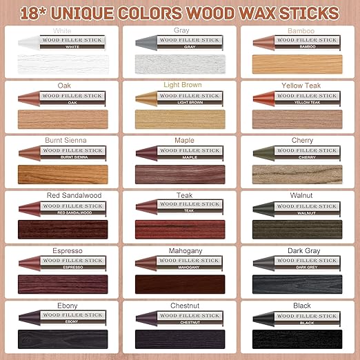 DEWEL Wood Filler Sticks, 18 Colors Wood Crayons for Scratches, Wood Floor Repair Wax Filler Sticks, Furniture Scratch Repair Crayons Kit for Wood Holes, Scratches, Table