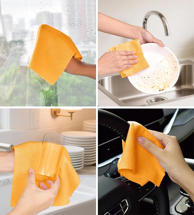 Microfiber Cleaning Cloth Roll–100 Pack, Tear Away Microfiber Towels, Reusable, Washable, Scratch-Free, Kitchen Towels for Car, Home, Kitchen, Glass, Dishes(Tangerine Yellow)