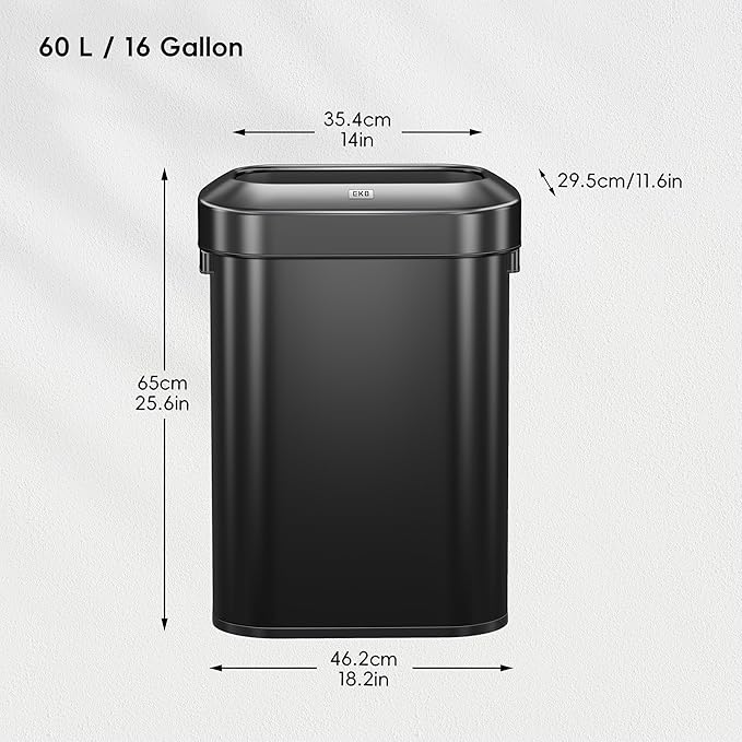 EKO Urban 16 Gallon/60 Liter Open Top Stainless Steel Slim Commercial Trash Can, Tall Kitchen Trash Bin, Heavy-Duty Commercial Grade Large Garbage Bin for Home, Office, Hotel, Restaurant, Matte Black